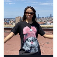 Bertha Kadın Siyah Kedi Baskılı T-Shirt