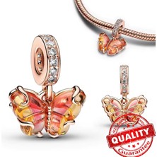 Poseidons Jewellery Pembe ve Sarı Murano Camı Tarz Kelebek Sallantılı Charm