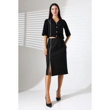 Mois Atelier Siyah Kısa Kol Crop Ceket Yırtmaçlı Kalem Etek Beyaz Biye Detaylı Takım Tasarım Hediye Büyük Beden