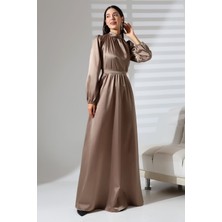 Mois Atelier Vizon Saten Balıkçı Yaka Büzgülü Uzun Abiye Nikah Elbise Tasarım Hediye Büyük Beden Tesettür
