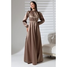 Mois Atelier Vizon Saten Balıkçı Yaka Büzgülü Uzun Abiye Nikah Elbise Tasarım Hediye Büyük Beden Tesettür