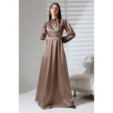 Mois Atelier Vizon Saten Balıkçı Yaka Büzgülü Uzun Abiye Nikah Elbise Tasarım Hediye Büyük Beden Tesettür