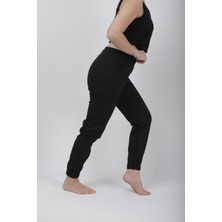 Siyah, Bel ve Paça Lastikli Basic Jogger Iki Iplik Cepli Kadın Eşofman Altı