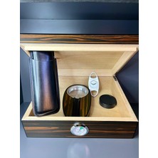 Cohiba Nem Ölçerli Hakiki Ahşap Puro Kutusu Lüks Humidor Set (El Humidoru, Puro Makası, Puro Küllüğü)