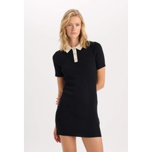 DeFacto A Kesim Polo Yaka Basic Düz Ribana Görünümlü Viskon Kısa Kollu Mini Elbise D3477AX24AU
