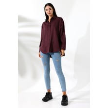 Oversize Mikro Saten Dökümlü Bordo Kadın Gömlek