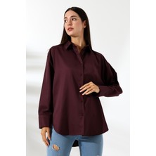 Oversize Mikro Saten Dökümlü Bordo Kadın Gömlek