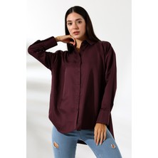 Oversize Mikro Saten Dökümlü Bordo Kadın Gömlek