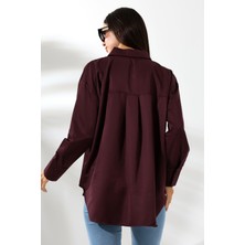 Oversize Mikro Saten Dökümlü Bordo Kadın Gömlek