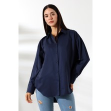 Oversize Mikro Saten Dökümlü Lacivert Kadın Gömlek