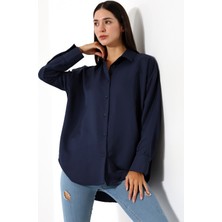 Oversize Mikro Saten Dökümlü Lacivert Kadın Gömlek