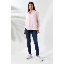 Oversize Mikro Saten Dökümlü Pembe Kadın Gömlek