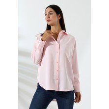Oversize Mikro Saten Dökümlü Pembe Kadın Gömlek