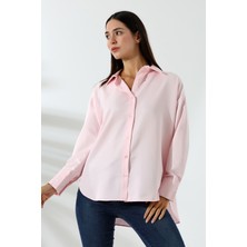 Oversize Mikro Saten Dökümlü Pembe Kadın Gömlek