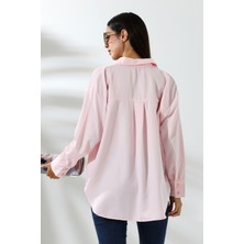 Oversize Mikro Saten Dökümlü Pembe Kadın Gömlek
