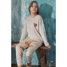 Kahve Bear Head Desenli Exclusive Kadife Kız Çocuk Pijama Takımı 