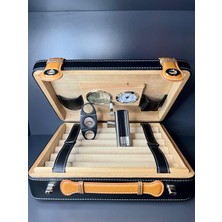 Cohiba Hakiki Deri Nem Ölçerli Puro Kutusu Lüks Humidor Set (Puro Çakmağı, Puro Makası)