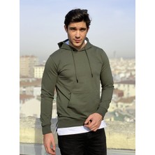 Mickey Erkek Haki Yeşil Kapşonlu Sweatshirt