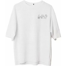 Unisex Bisiklet Yaka Baskılı Oversize T-Shirt - Beyaz