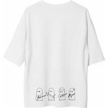 Unisex Bisiklet Yaka Baskılı Oversize T-Shirt - Beyaz