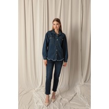 Denim Kumaş Cep Detay Püsküllü Kadın Mavi Kot Ceket