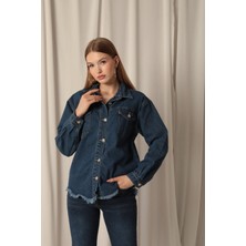 Denim Kumaş Cep Detay Püsküllü Kadın Mavi Kot Ceket