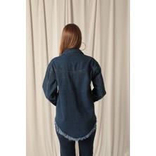 Denim Kumaş Cep Detay Püsküllü Kadın Mavi Kot Ceket