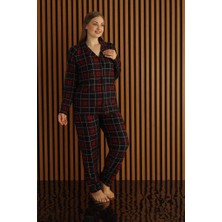 Pijamoni Büyük Beden Süet Kumaş Önü Düğmeli E. Bordo Pijama Takımı - 5655