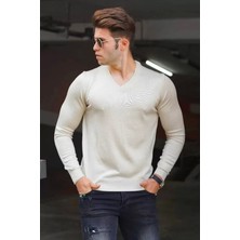Unisex Uzun Kol V Yaka Triko Kazak - Krem