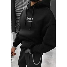 Erkek Baskılı Kapüşonlu ve Kordon Ipli Sweat - Siyah