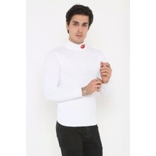 Unisex Yarım Boğazlı Baskılı Dokuma Triko - Beyaz