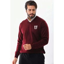 Baskılı V Yaka Uzun Kol Dokuma Triko - Bordo