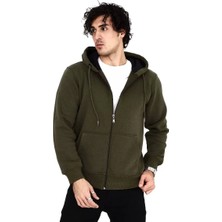 Unisex Tam Fermuarlı Kapşonlu  Sweatshirt - Haki