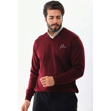 Baskılı V Yaka Uzun Kol Dokuma Triko - Bordo