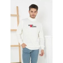 Unisex Yarım Boğazlı Baskılı Dokuma Triko - Beyaz