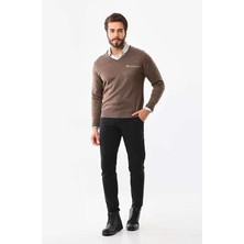 Baskılı V Yaka Uzun Kol Dokuma Triko - Kahve