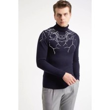 Baskılı Tam Boğazlı Uzun Kol Dokuma Triko - Lacivert