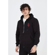 Unisex Baskılı Tam Fermuarlı Kapşonlu Sweatshirt - Siyah