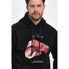 Unisex Kapüşonlu Üç Iplik Oversize Baskılı Sweatshirt - Siyah