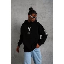 Unisex Sırt Baskılı Kapüşonlu Üç Iplik Oversize Sweatshirt - Siyah