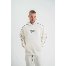 Uzun Kol Kapşonlu Ara Biyeli Sweatshirt - Beyaz