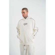 Uzun Kol Kapşonlu Ara Biyeli Sweatshirt - Beyaz