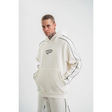 Uzun Kol Kapşonlu Ara Biyeli Sweatshirt - Beyaz