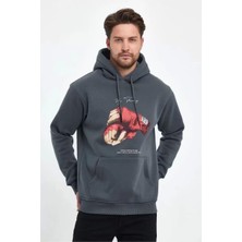 Unisex Kapüşonlu Üç Iplik Oversize Baskılı Sweatshirt - Gri