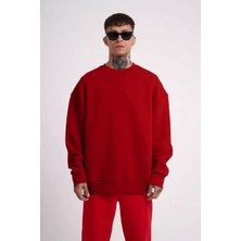 Unisex Biskilet Yaka Üç Iplik Sweatshirt - Kırmızı