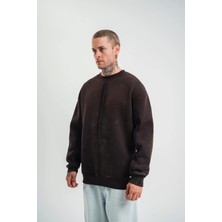 Unisex Bisiklet Yaka Özel Pis Dikişli Yıkamalı Sweatshirt - Kahve