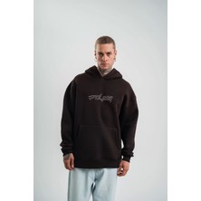 Unisex Üç Iplik Kapşonlu Nakışlı Sweatshirt - Kahve