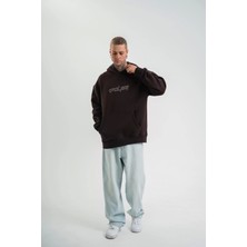 Unisex Üç Iplik Kapşonlu Nakışlı Sweatshirt - Kahve