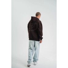 Unisex Üç Iplik Kapşonlu Nakışlı Sweatshirt - Kahve