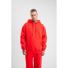 Unisex Double Oversize Kapşonlu Basic Sweatshirt - Kırmızı